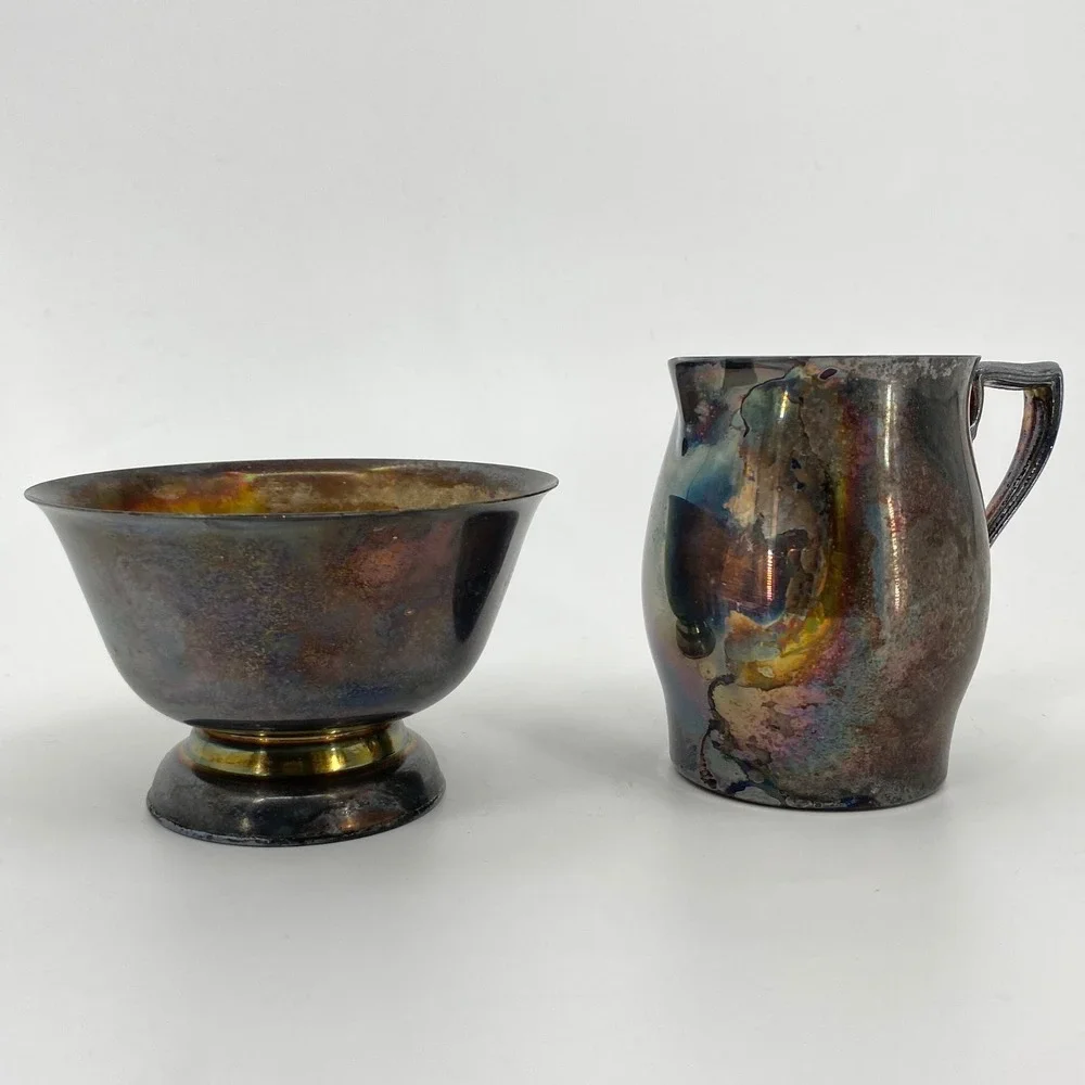 Vintage Silver Plated Creamer and Sugar Set with Rainbow‎ Tarnish Patina